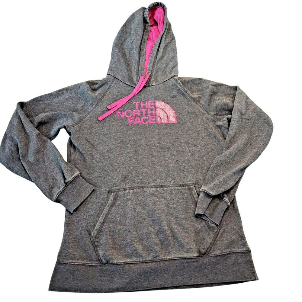 The North Face Womens Gray Pink Logo Pullover Hoodie Sweatshirt Raglan Sleeve